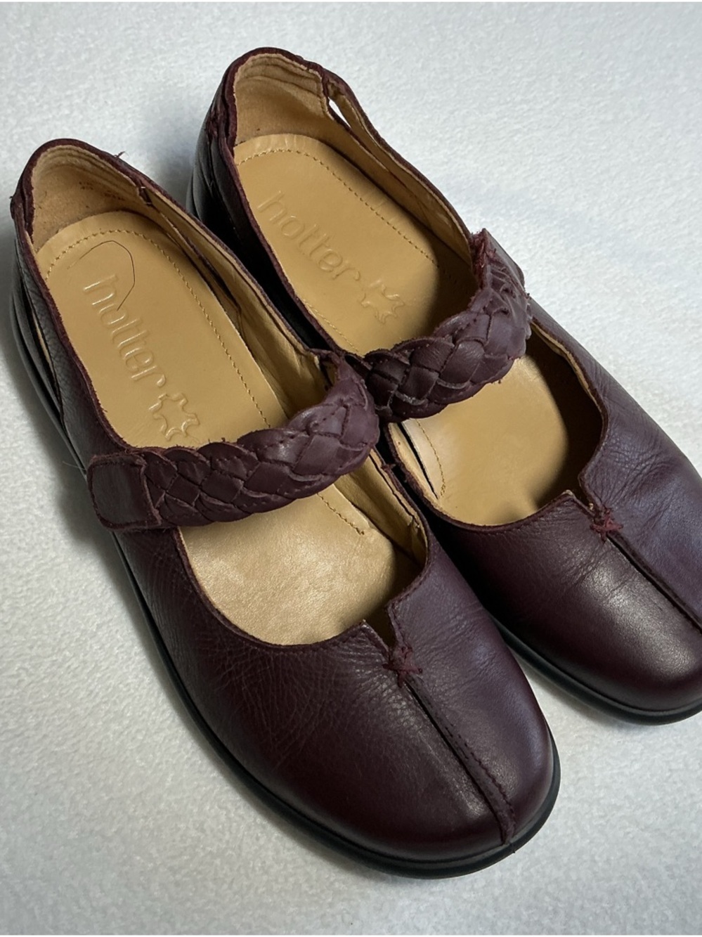 Hotter Burgundy Leather Mary Jane Flats Braided Strap Comfort Shoes Women's 6.5 - Picture 3 of 7